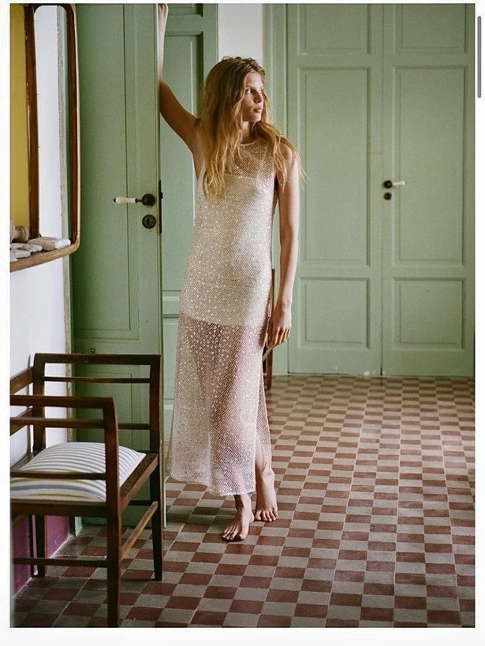 Zara Sequin Midi Dress in Cream Size Medium